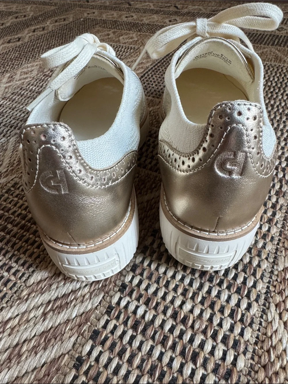 COLE HAAN Grand City Platform Stitchlight Oxford Sneaker Ivory Knit Gold Sz 6.5
